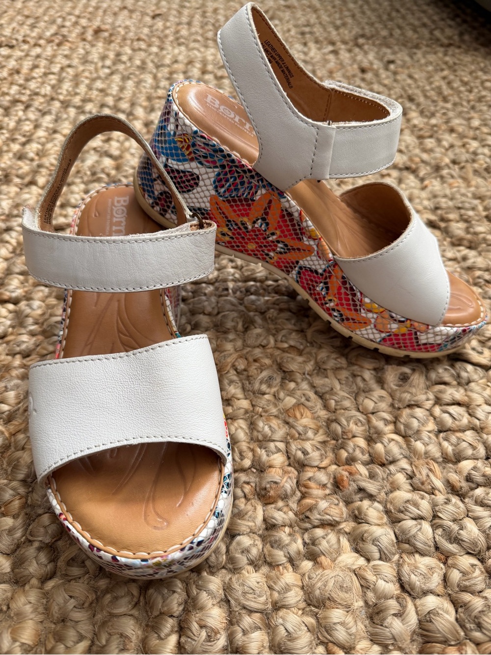 Born White Leather Wedges with Colorful Floral-Print Platform